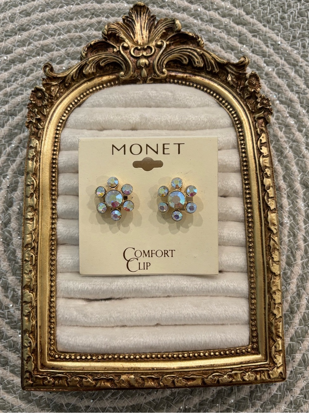 Monet Gold-tone Frame Display with Iridescent Crystal Clip Earrings